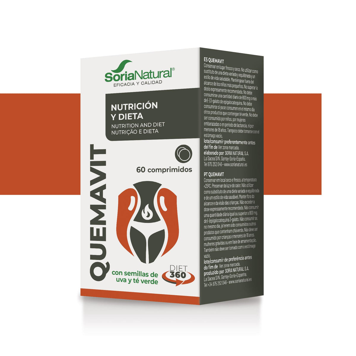 Soria Natural Quemavit 60 comprimidos, envase en vista 3D