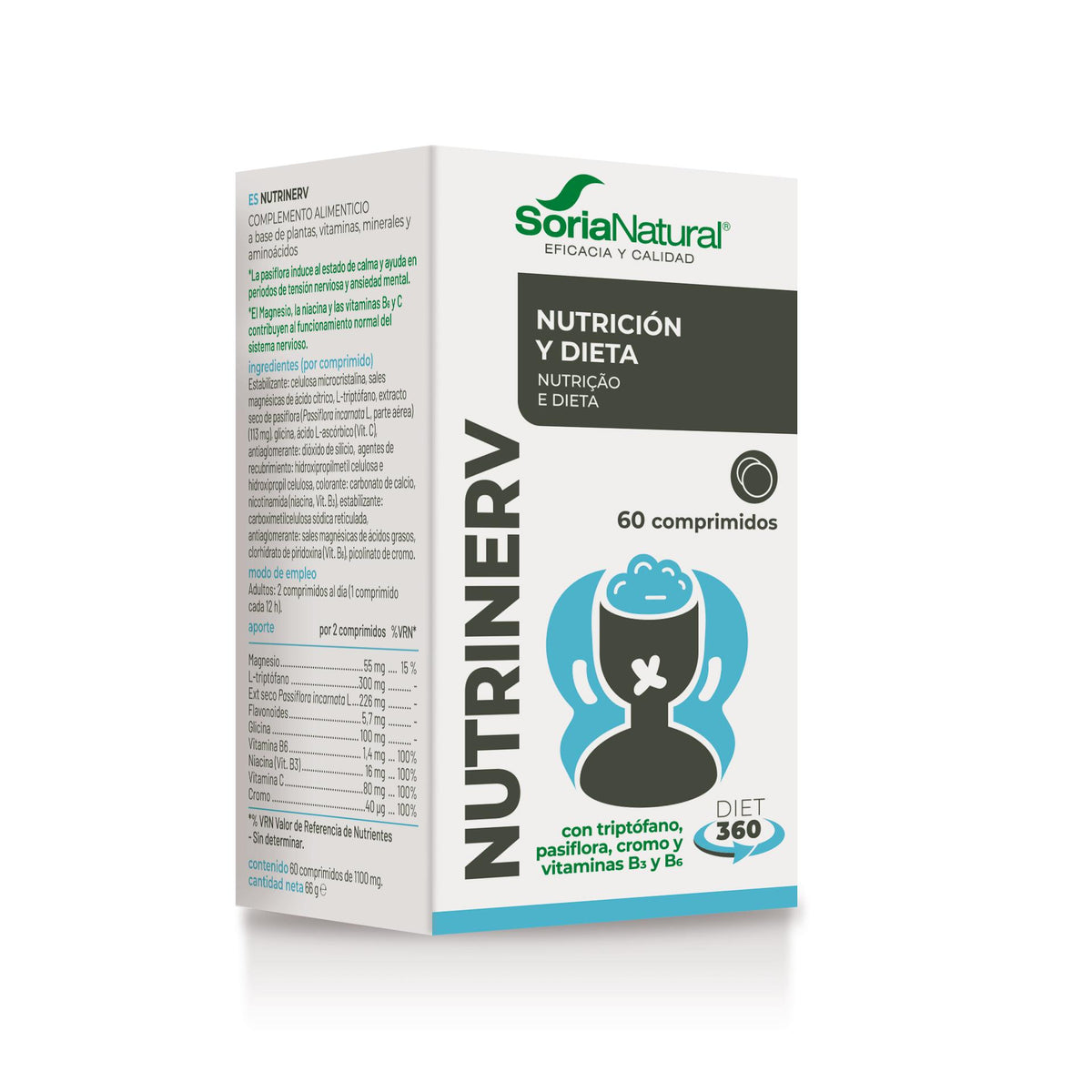 Soria Natural Nutrinerv 60 comprimidos, caja vista en perspectiva