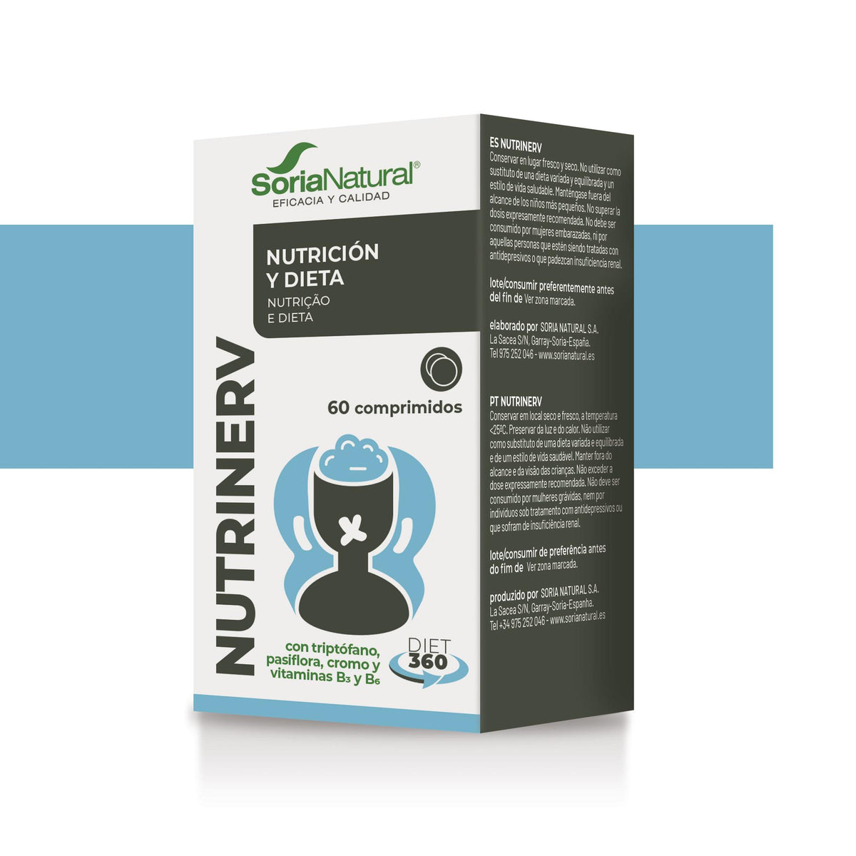 Soria Natural Nutrinerv 60 comprimidos, envase en vista 3D