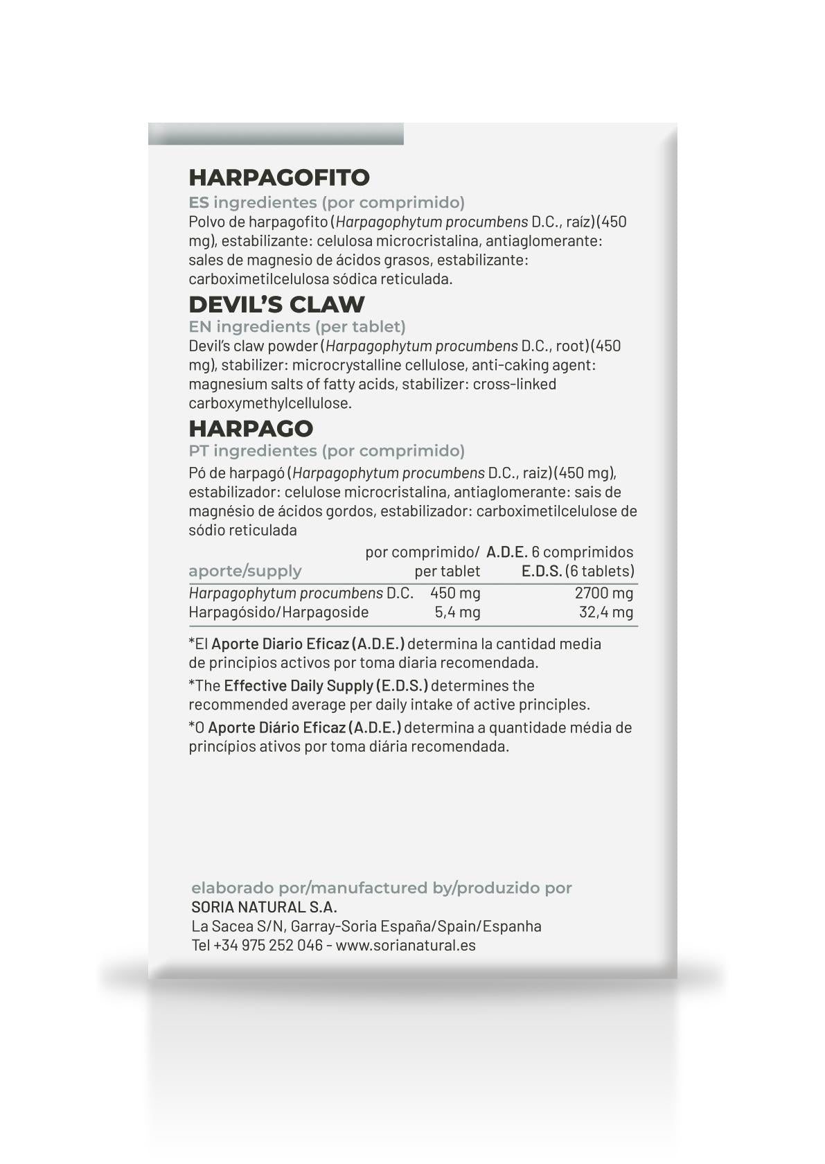 Soria Natural Harpagofito 60 comprimidos, parte trasera con ingredientes
