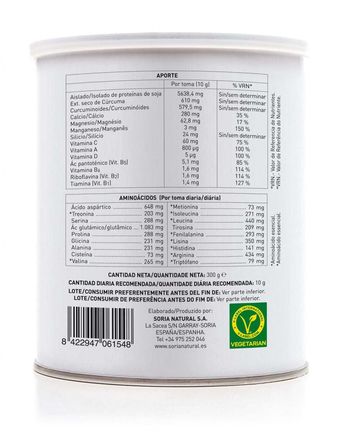 Soria Natural Mincartil Cúrcuma 300 g, lateral derecho del bote