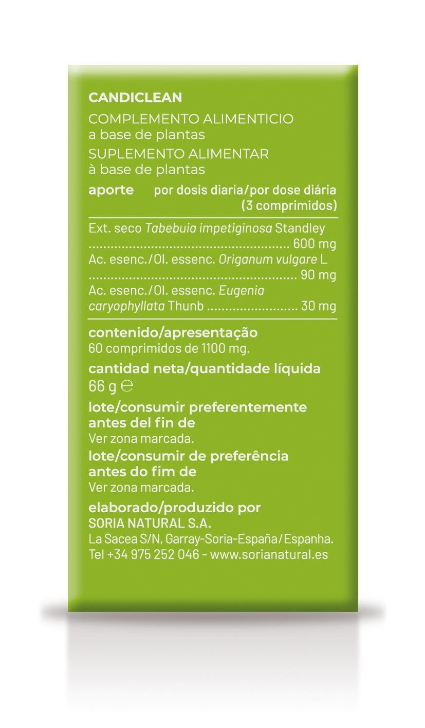 Soria Natural Candiclean 60 comprimidos, lateral derecho del envase