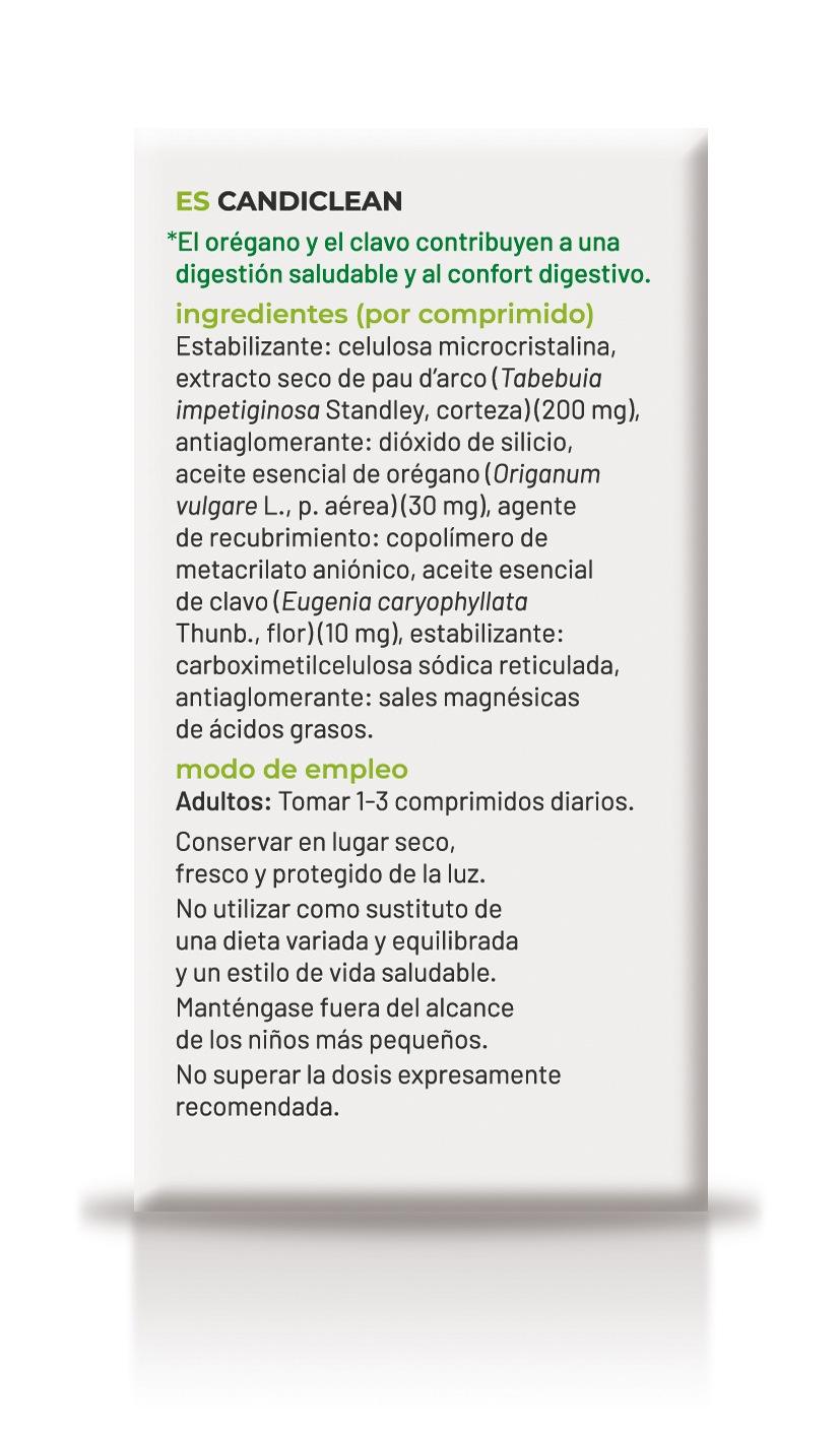 Soria Natural Candiclean 60 comprimidos, lateral izquierdo del envase