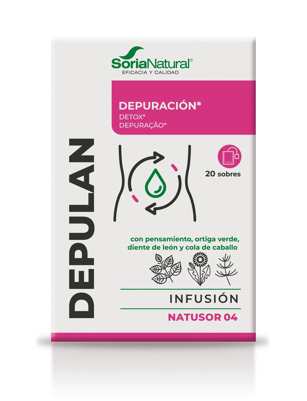 Soria Natural Depulan Natusor 04 infusión 20 bolsitas, cara frontal de la caja en primer plano