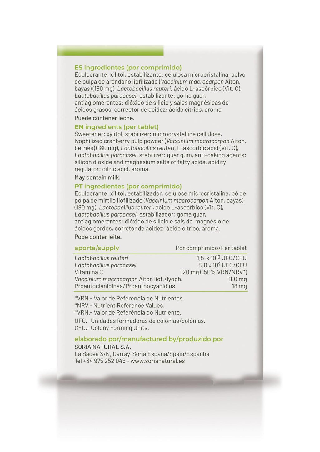 Soria Natural Probienci 18 comprimidos, parte trasera del envase