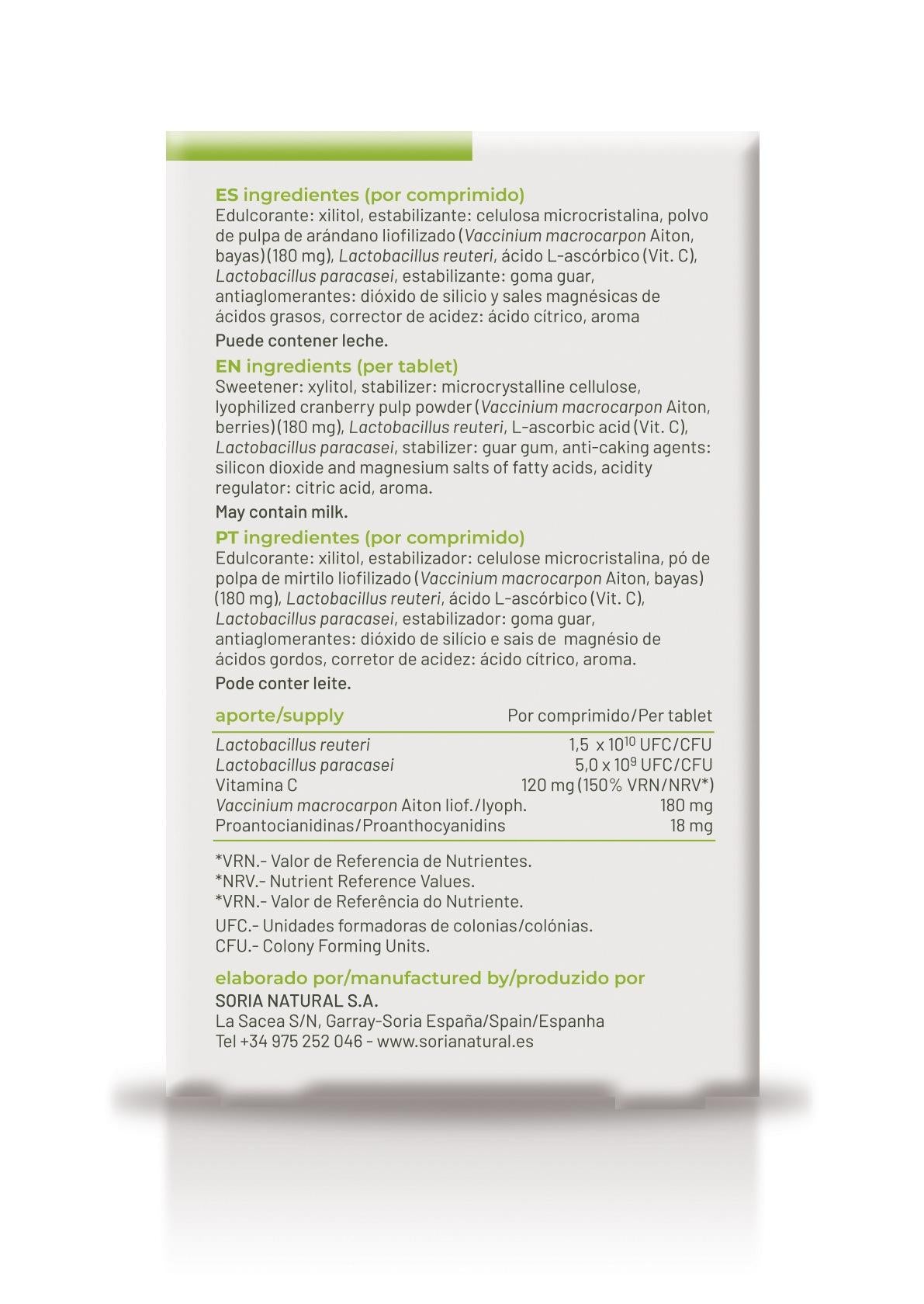 Soria Natural Probienci 18 comprimidos, parte trasera del envase
