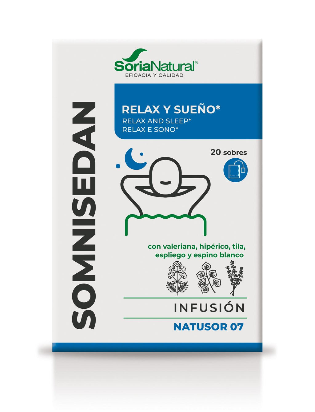 Soria Natural Somnisedan Natusor 07 infusión 20 bolsitas, cara frontal de la caja en primer plano