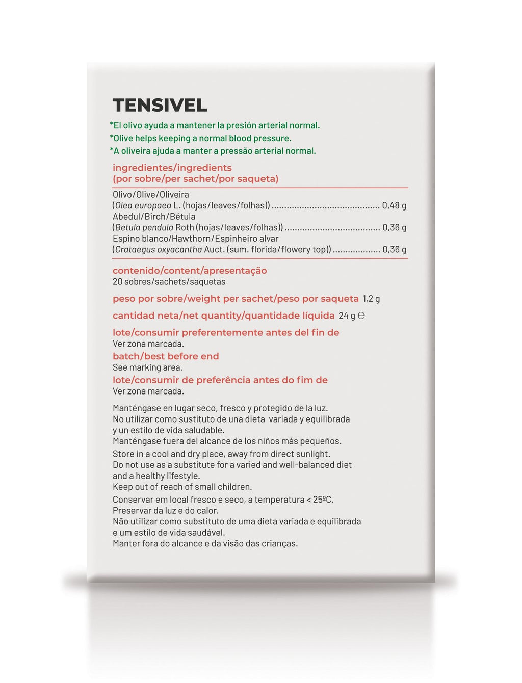 Soria Natural Tensivel Natusor 06 20 bolsitas, parte trasera del envase