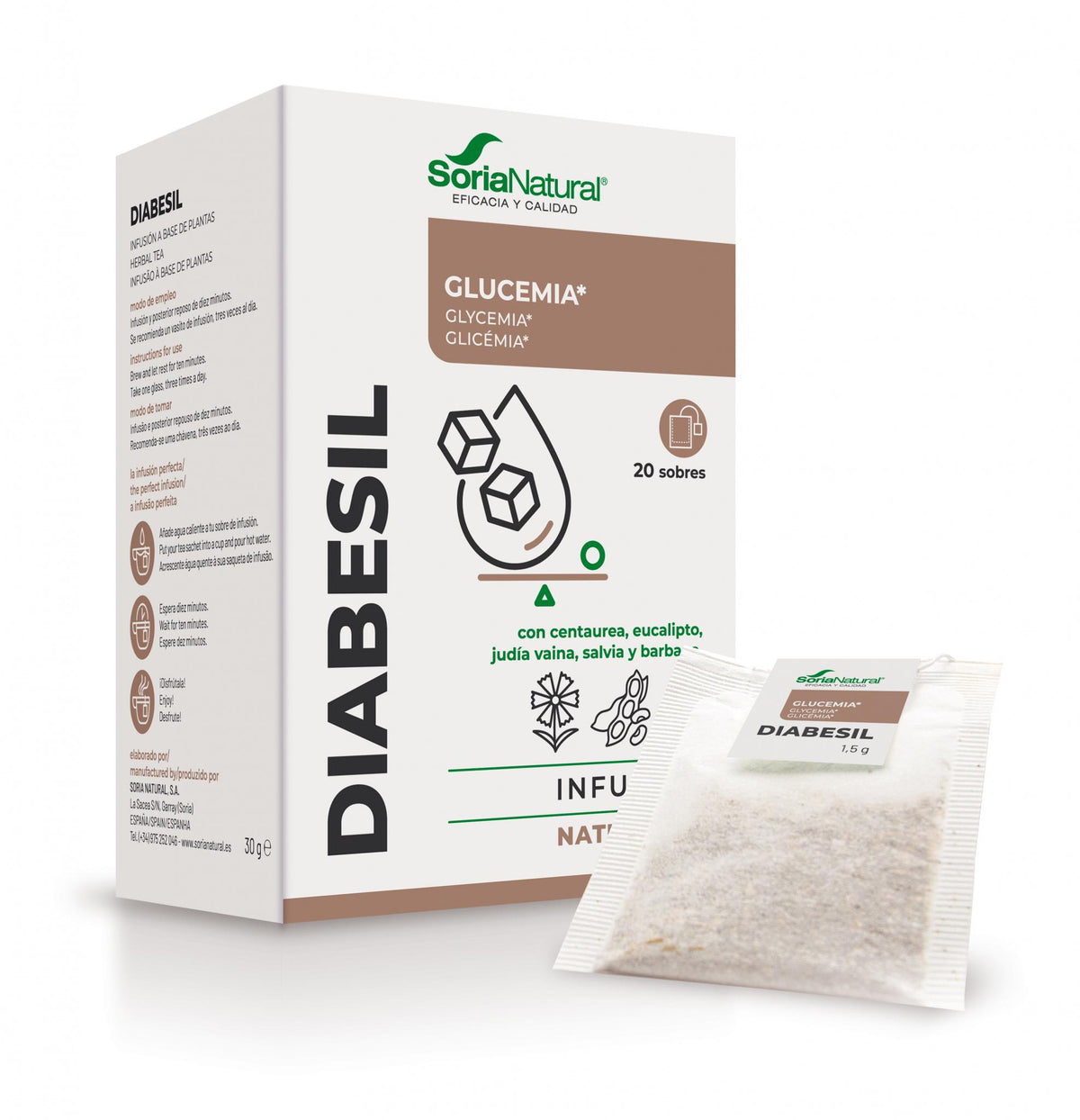 Soria Natural Diabesil Natusor 15 20 bolsitas, vista principal de la caja