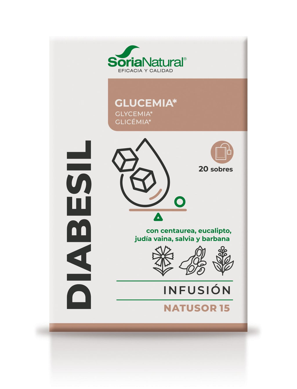 Soria Natural Diabesil Natusor 15 20 bolsitas, vista frontal de la caja