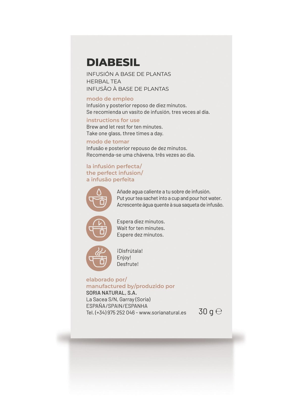 Soria Natural Diabesil Natusor 15 20 bolsitas, vista lateral izquierda de la caja