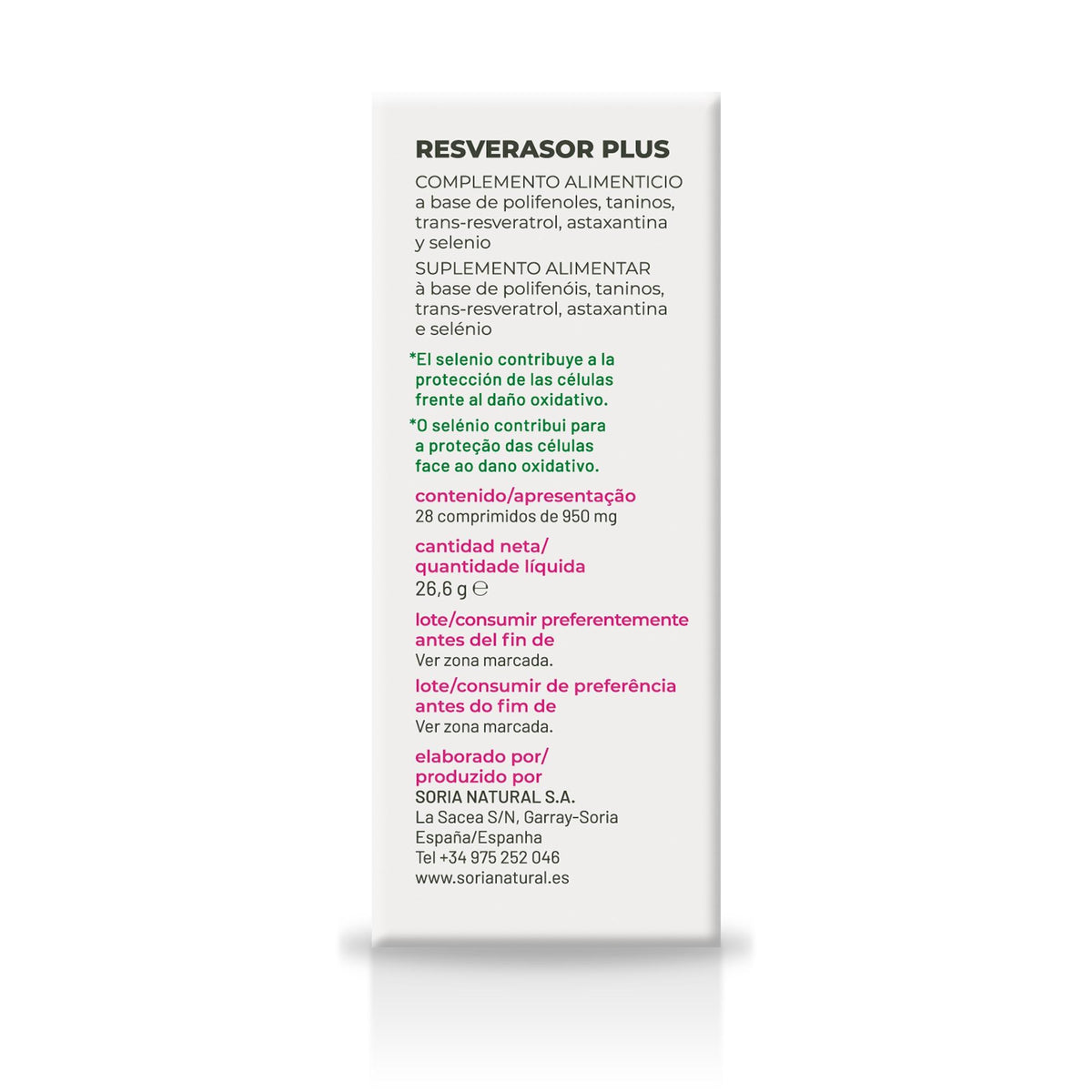 Soria Natural Resverasor Plus 28 comprimidos, tercera vista del envase