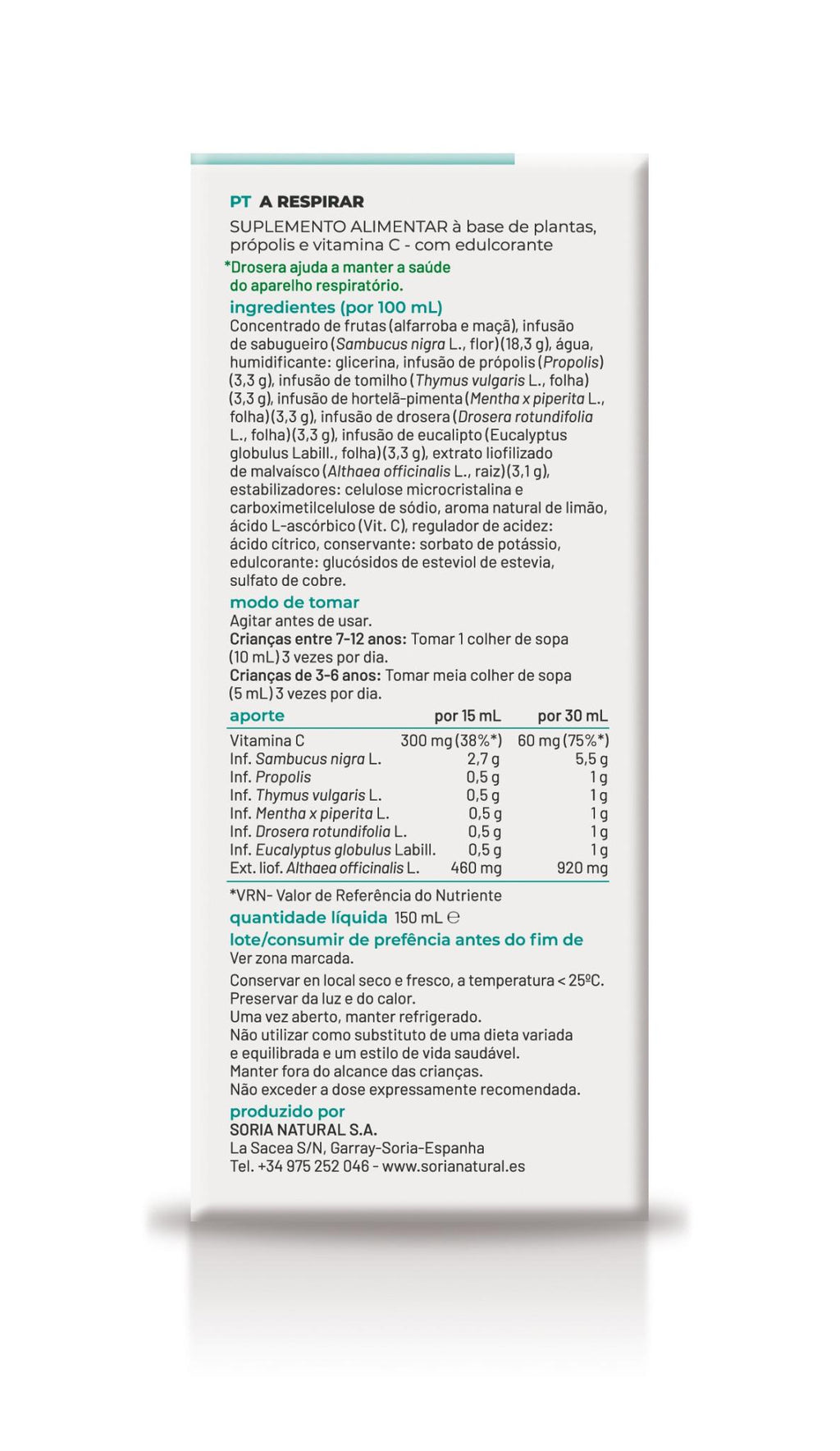 Soria Natural A respirar 150 ml, vista frontal del frasco