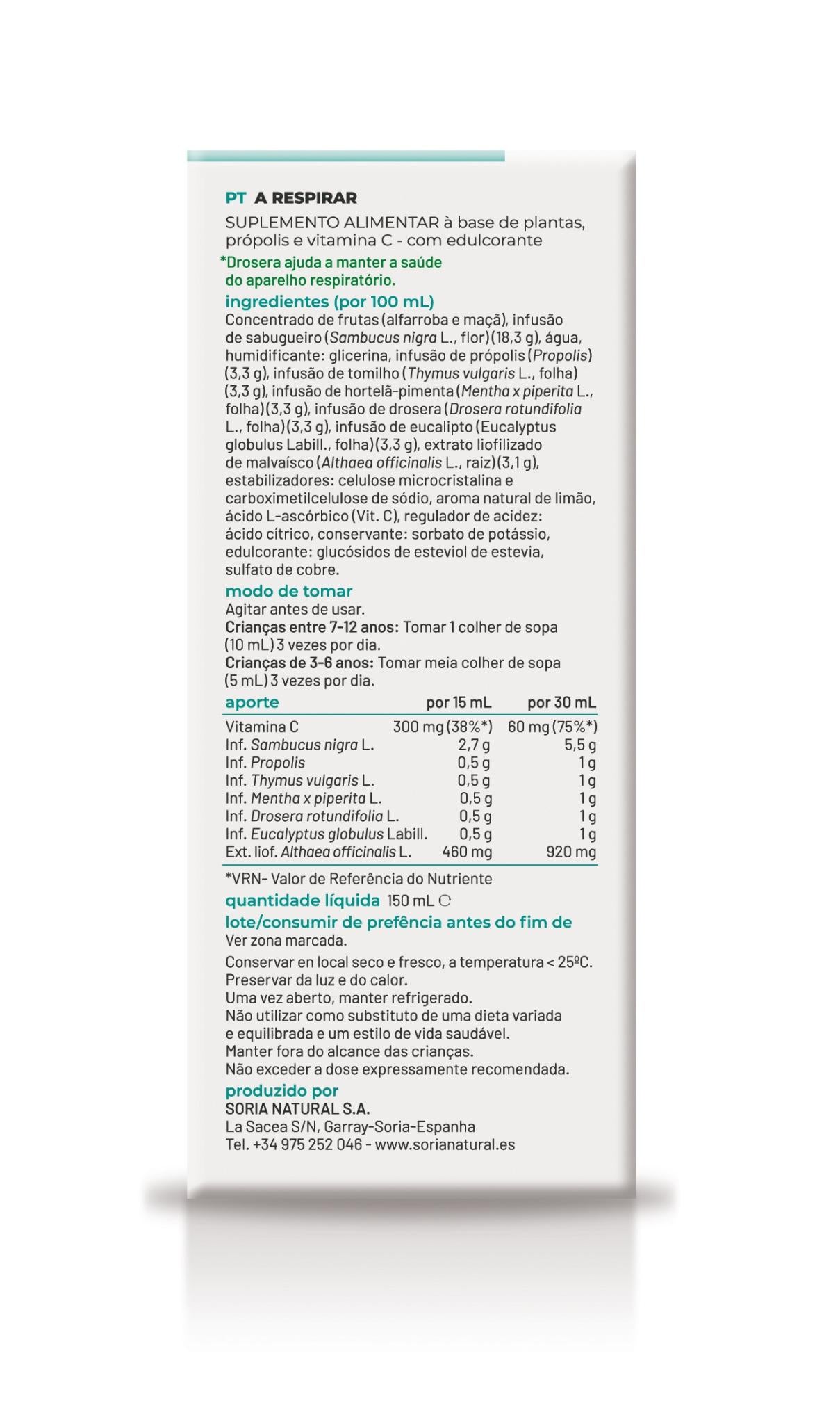 Soria Natural A respirar 150 ml, vista frontal del frasco