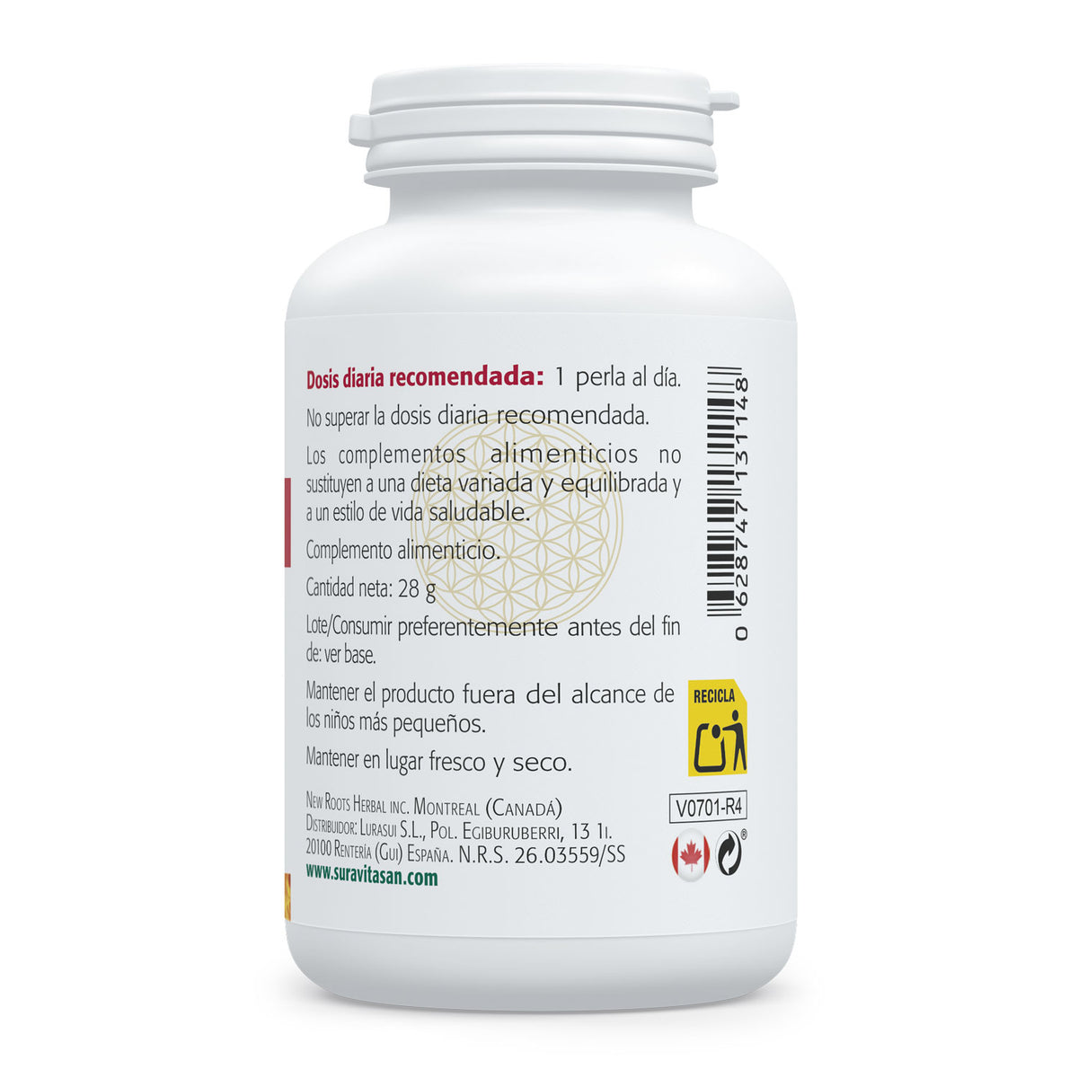 Vitamina D3 1.000 UI perlas de Sura Vitasan: etiqueta con la información de la fórmula