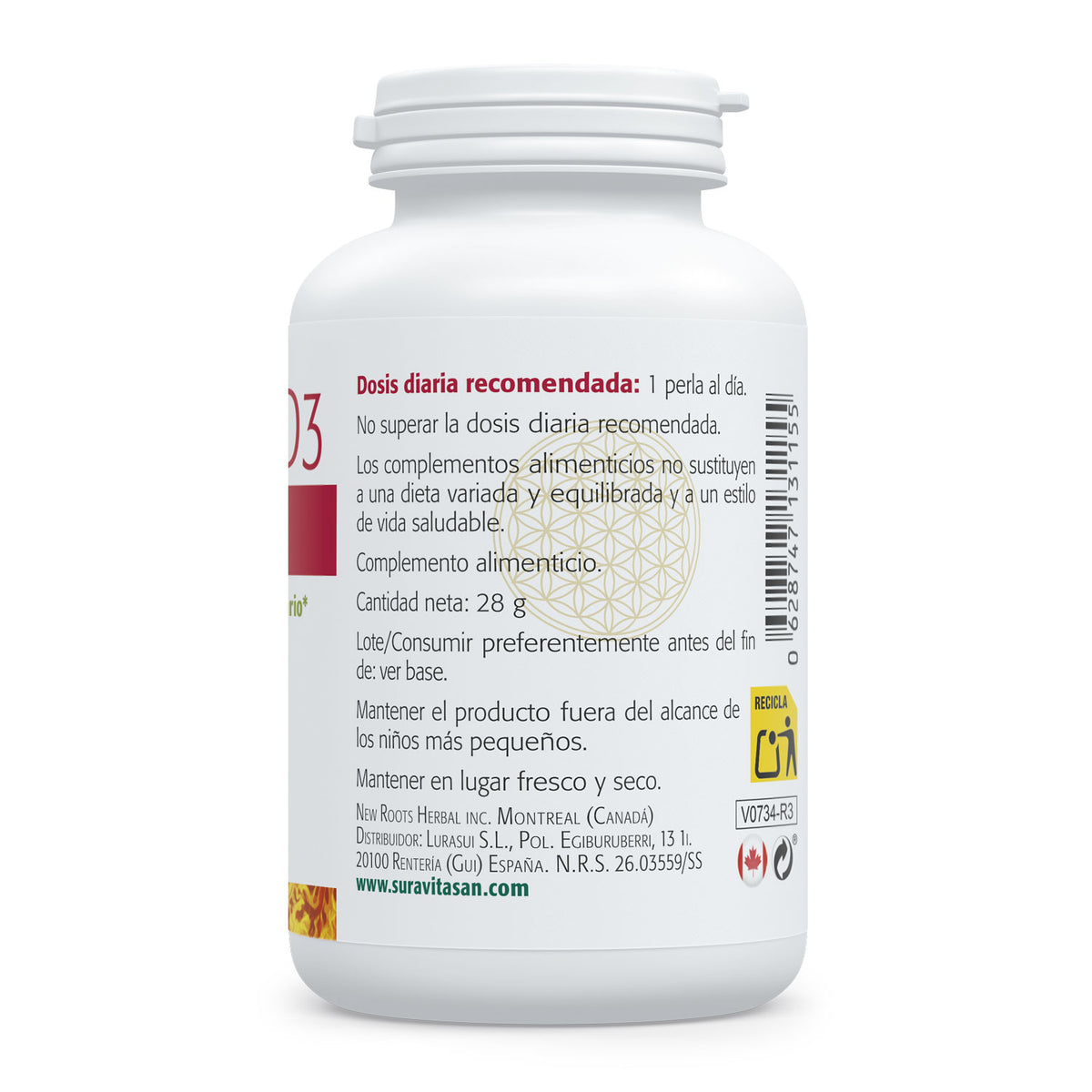 Vitamina D3 2.500 UI perlas de Sura Vitasan: etiqueta con la información de la fórmula