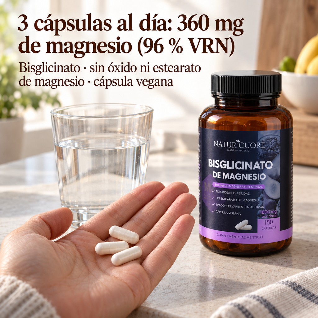 Bisglicinato de magnesio Naturcuore: 3 cápsulas al día, 360 mg de magnesio