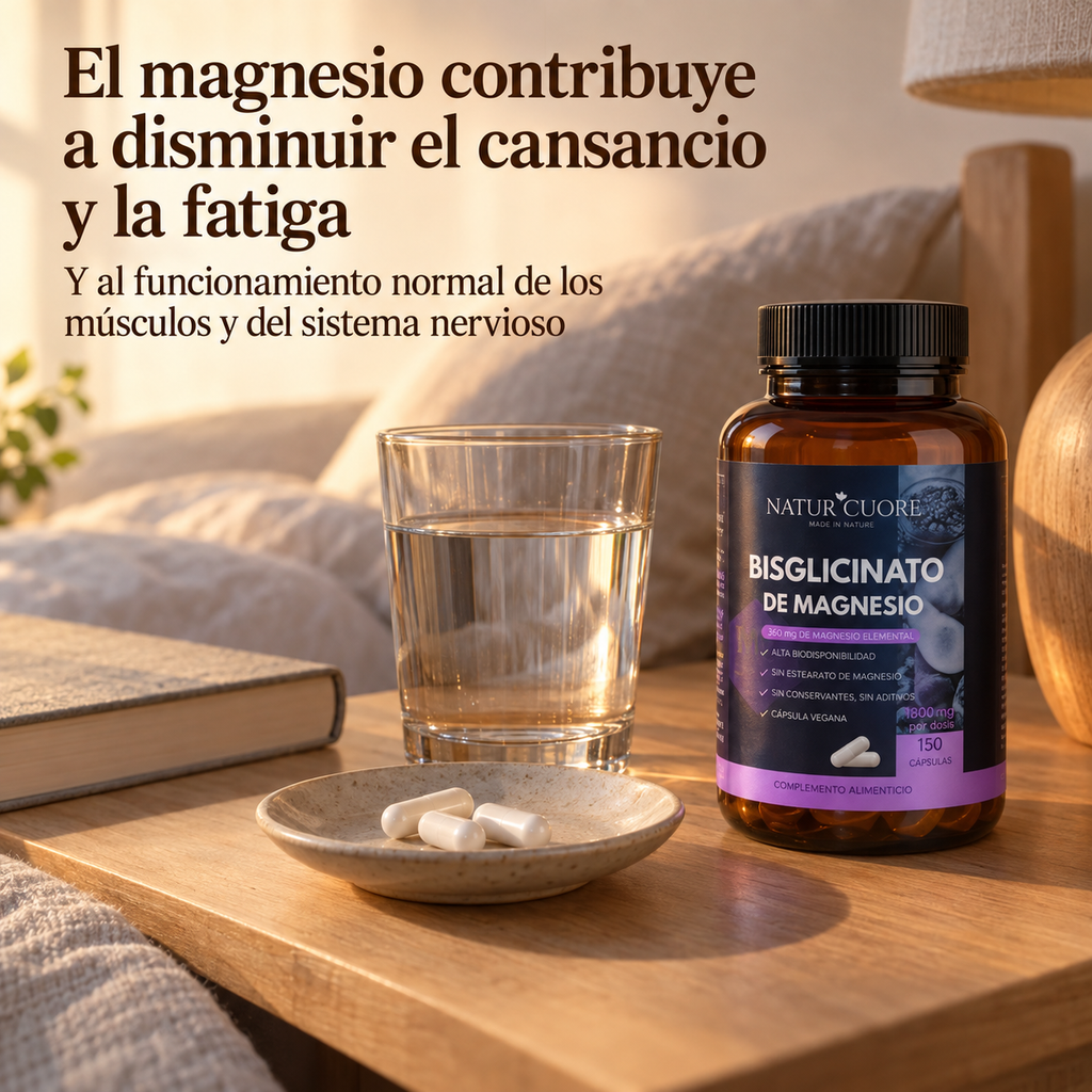 Infografía Naturcuore Bisglicinato de Magnesio: bote junto a un vaso de agua