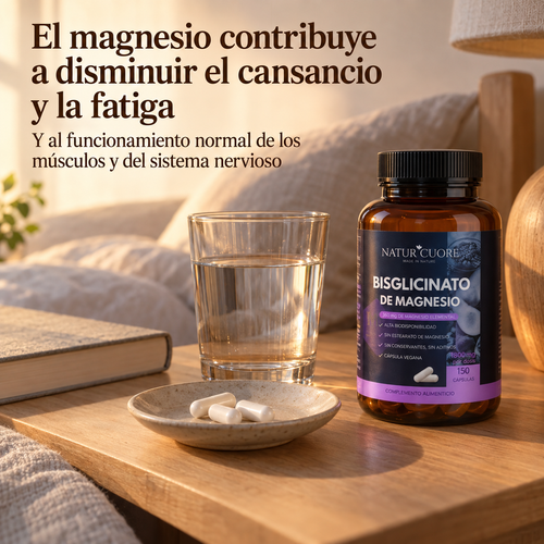 Infografía Naturcuore Bisglicinato de Magnesio: bote junto a un vaso de agua