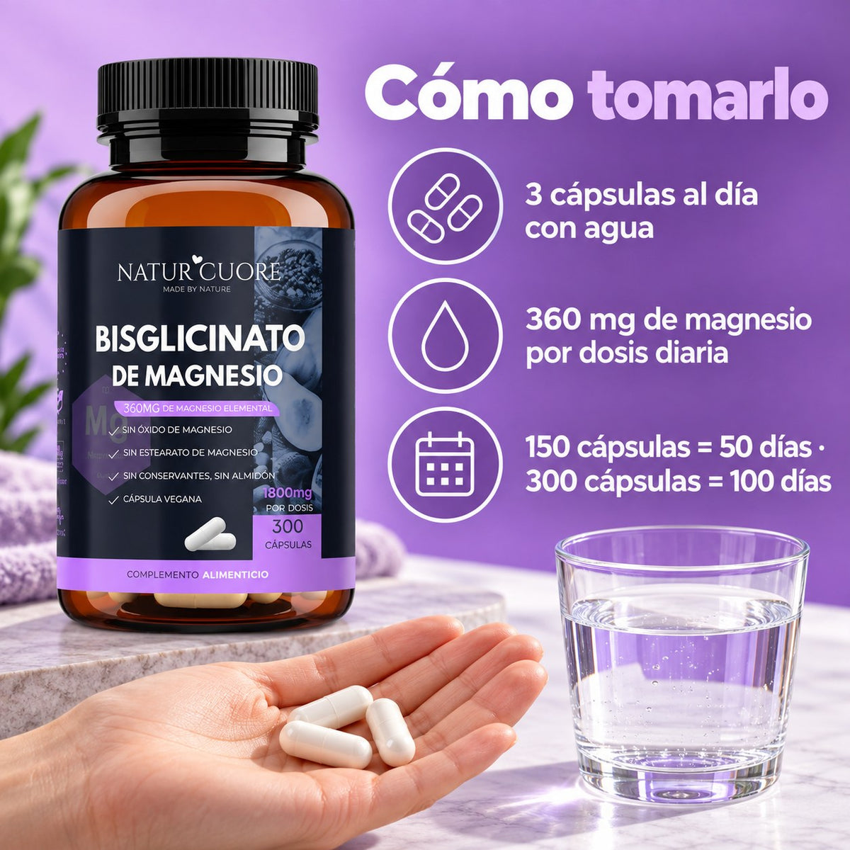 Cómo tomar Naturcuore Bisglicinato de Magnesio: 3 cápsulas al día con agua, bote de 300 cápsulas