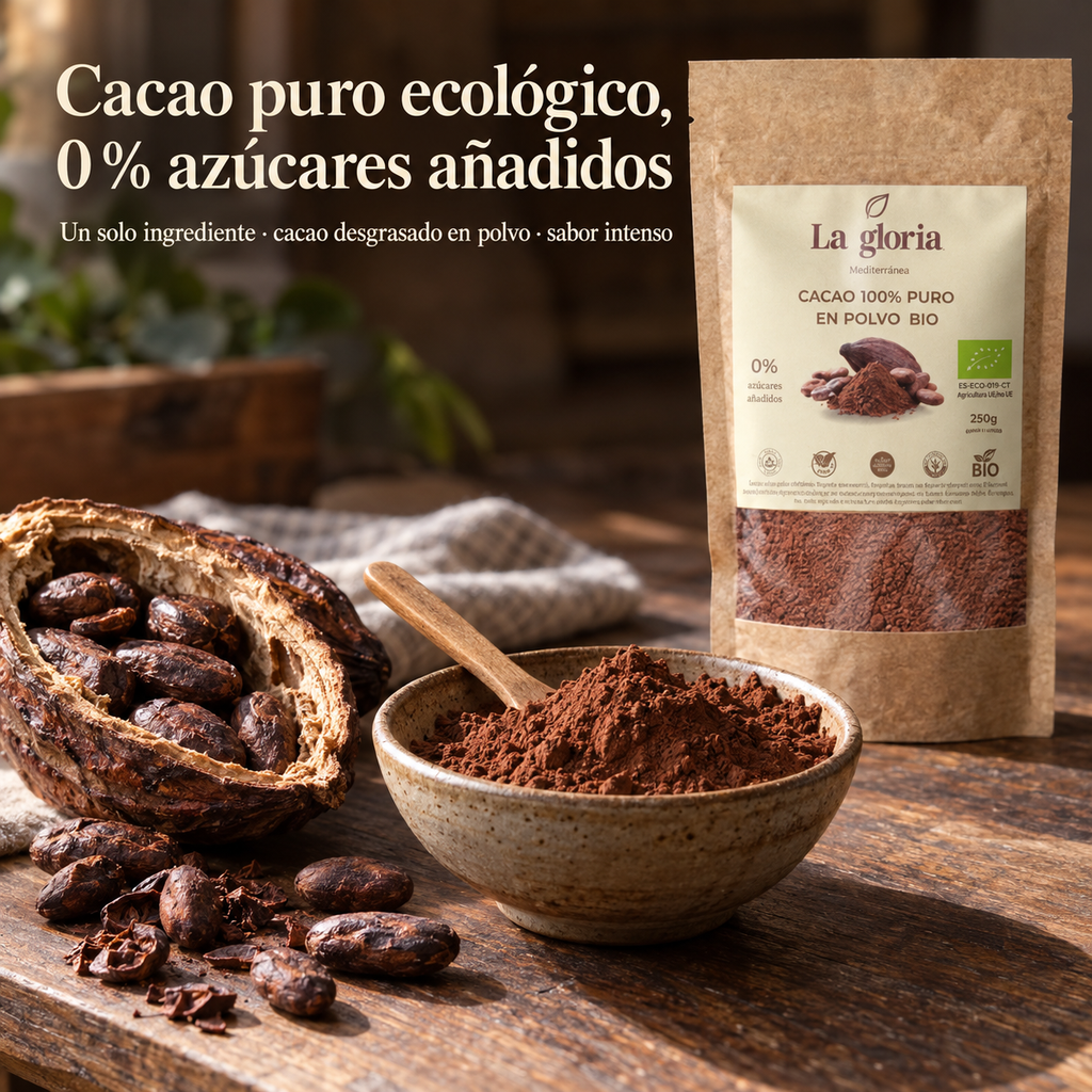 Cacao puro ecológico en polvo, 0 % azúcares añadidos – La Gloria Mediterránea