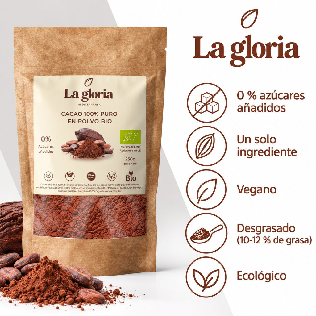 Infografía Cacao puro en polvo ecológico La Gloria Mediterránea 250 g: 0 % azúcares añadidos, un solo ingrediente, vegano y desgrasado