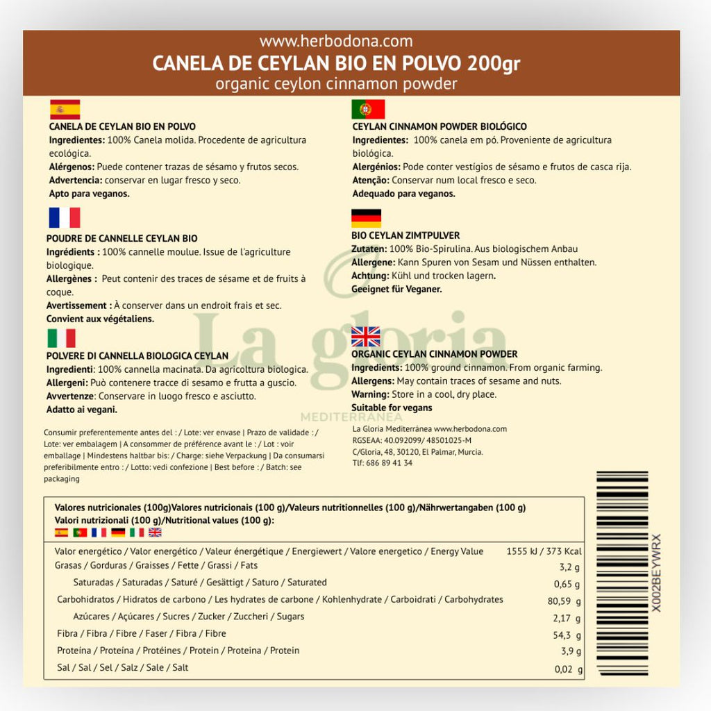 Canela de Ceylán en polvo ecológica La Gloria Mediterránea