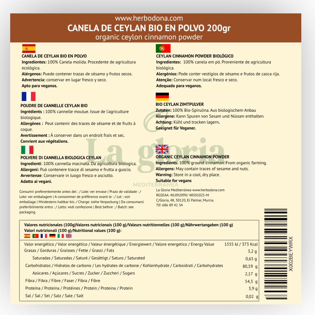 Canela de Ceylán en polvo ecológica La Gloria Mediterránea