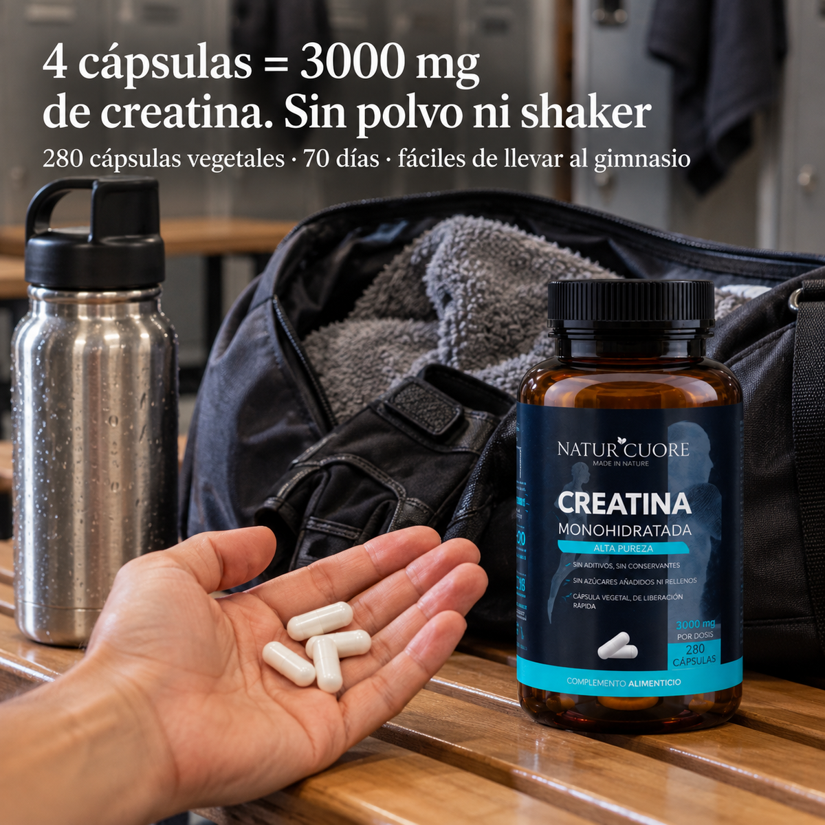 Creatina Naturcuore: 4 cápsulas = 3000 mg, 280 cápsulas vegetales