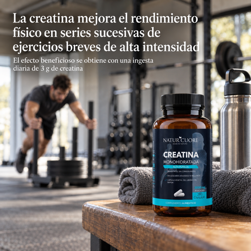 Infografía Naturcuore Creatina monohidratada en cápsulas con dosis de 3 g