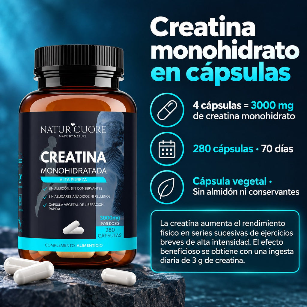 Infografía Naturcuore Creatina monohidrato en cápsulas: 4 cápsulas = 3000 mg, 280 cápsulas