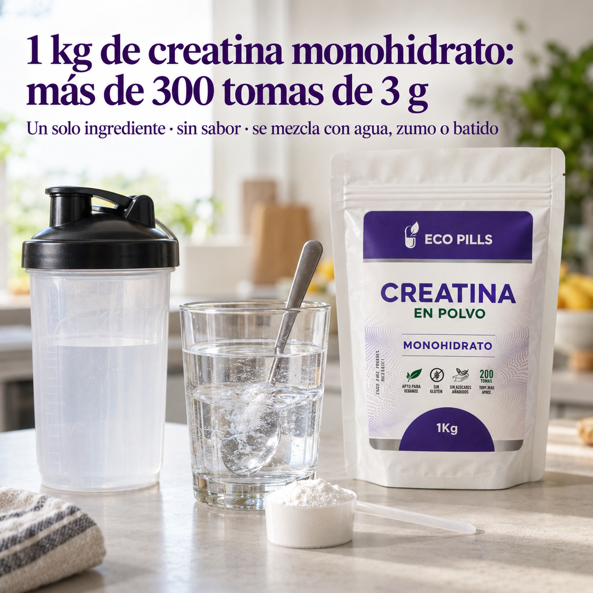 Creatina monohidrato en polvo Eco Pills 1 kg: más de 300 tomas de 3 g
