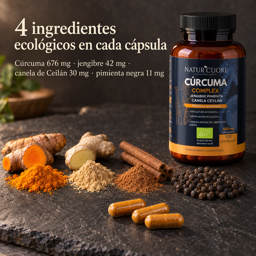 Cúrcuma Complex Naturcuore: cúrcuma, jengibre, canela de Ceilán y pimienta negra ecológicas