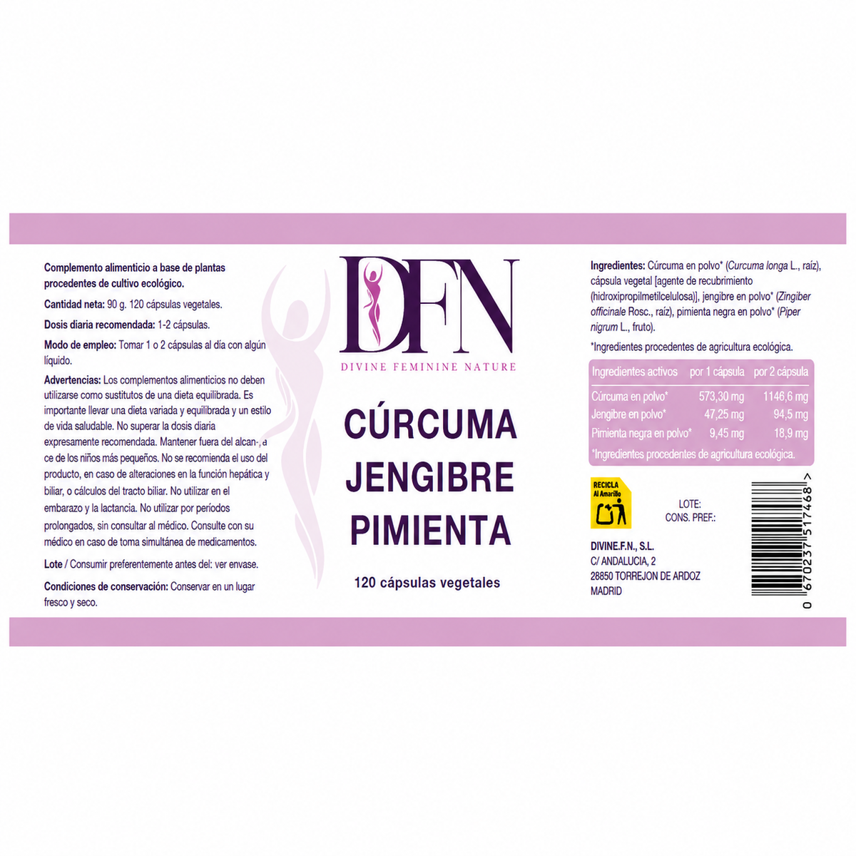 Cúrcuma jengibre y pimienta negra cápsulas vegetales DFN