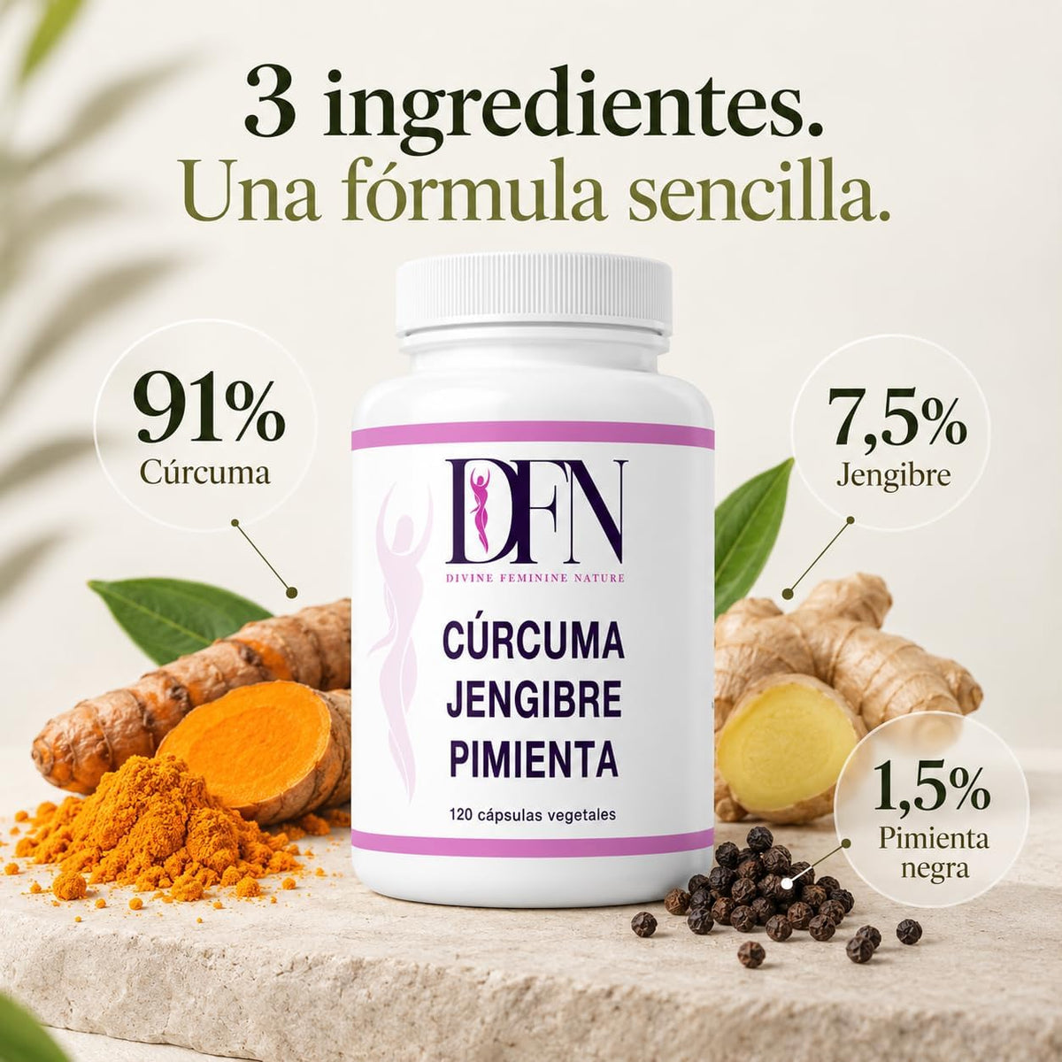 Cúrcuma, jengibre y pimienta negra, 120 cápsulas vegetales DFN