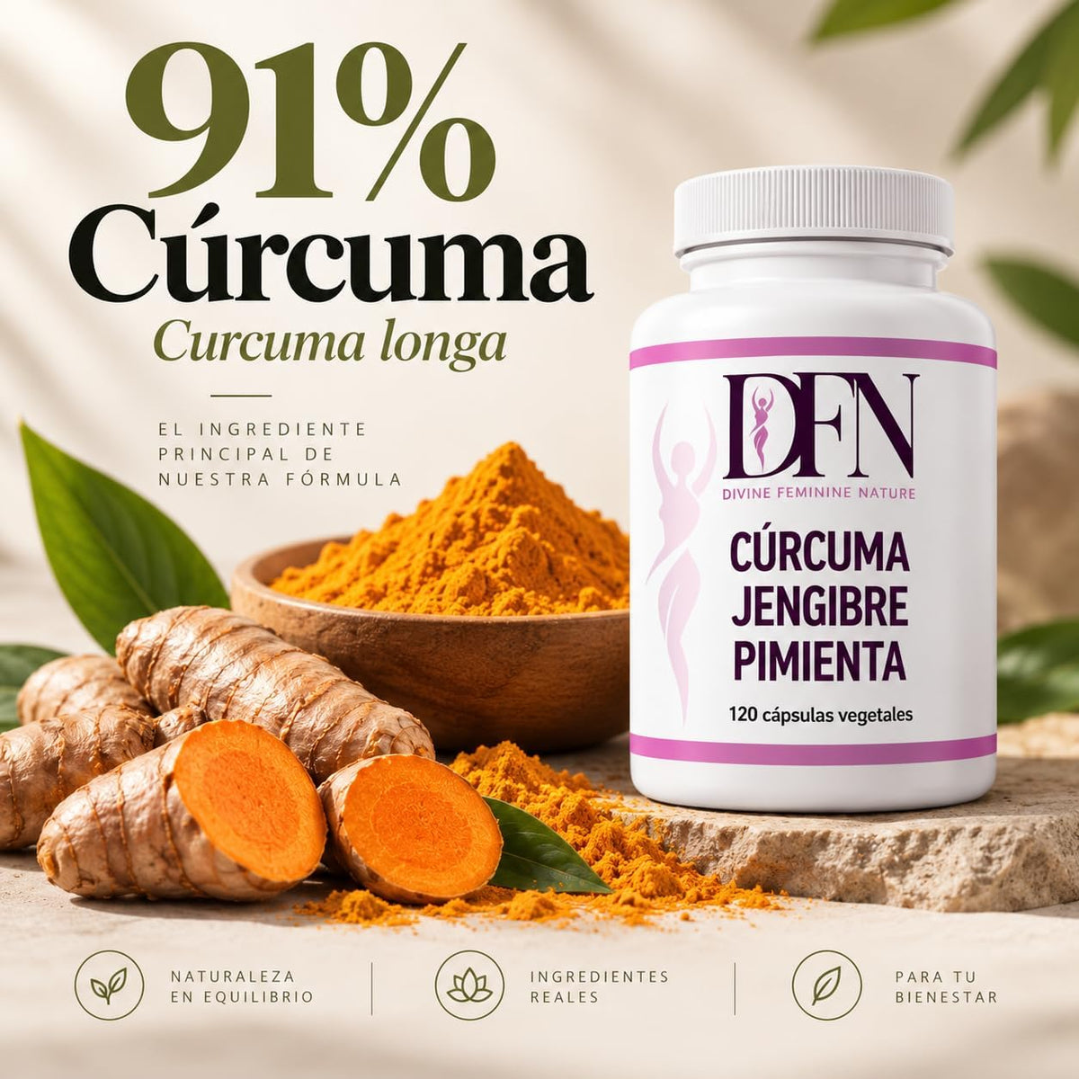 Cúrcuma, jengibre y pimienta negra, 120 cápsulas vegetales DFN