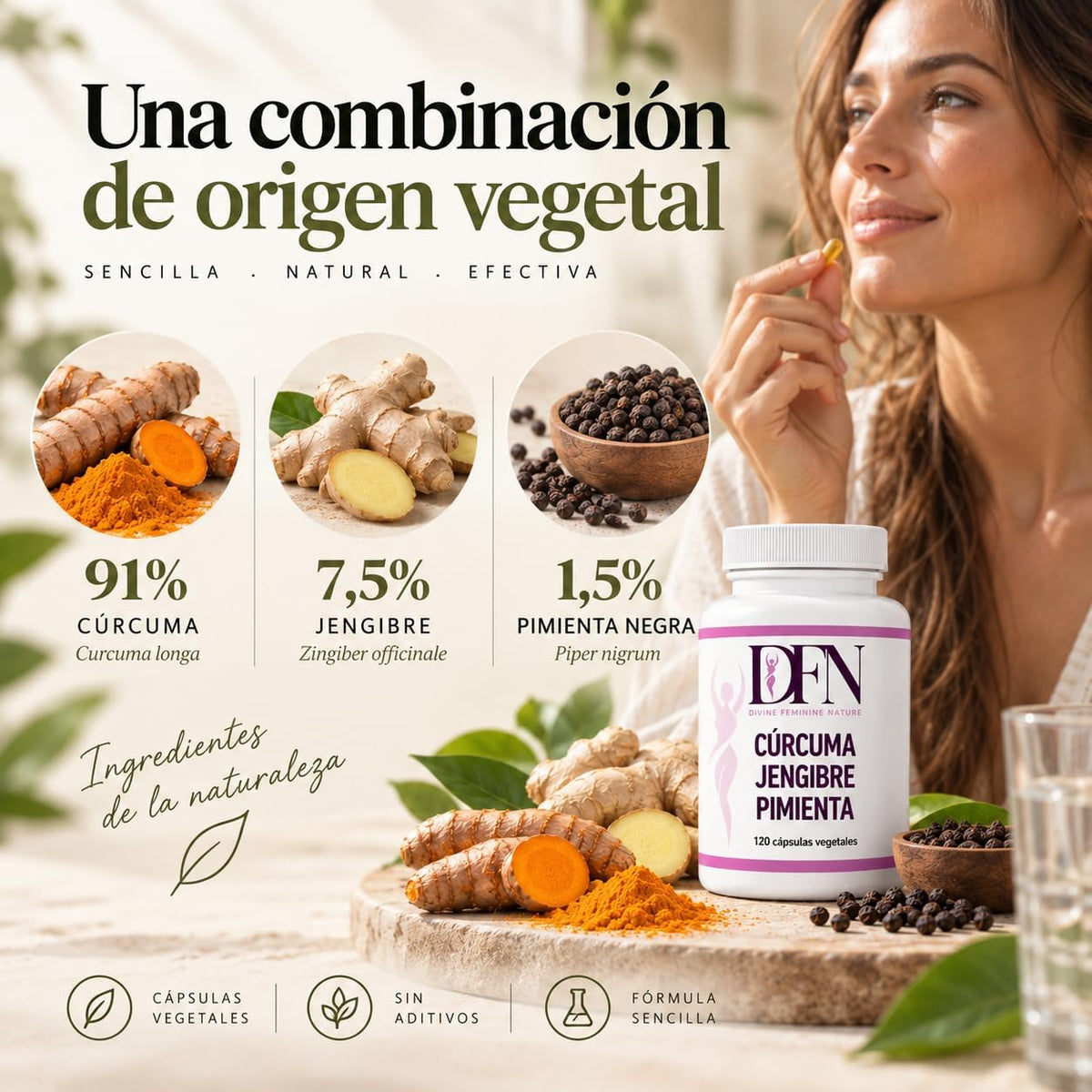 Cúrcuma, jengibre y pimienta negra, 120 cápsulas vegetales DFN