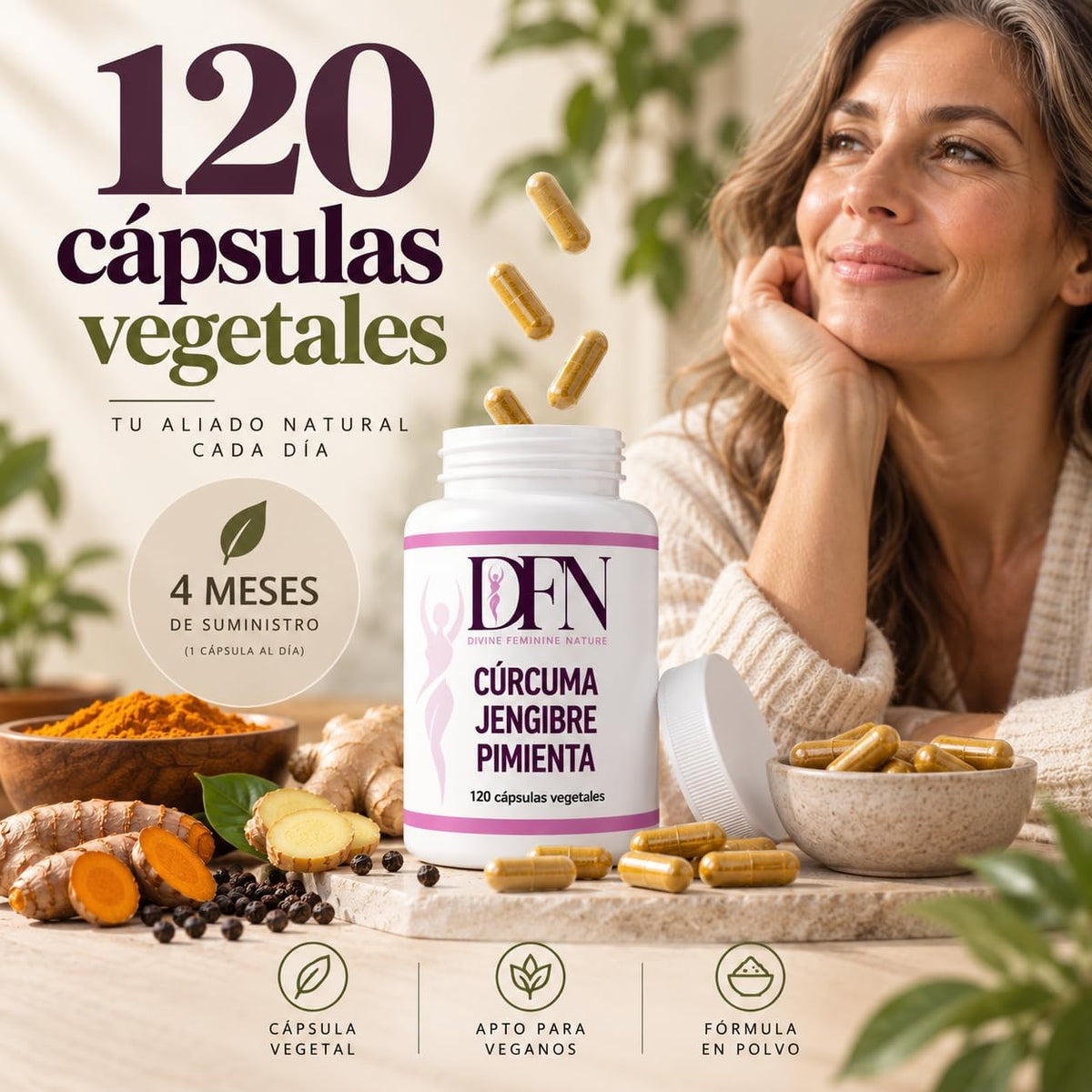 Cúrcuma, jengibre y pimienta negra, 120 cápsulas vegetales DFN