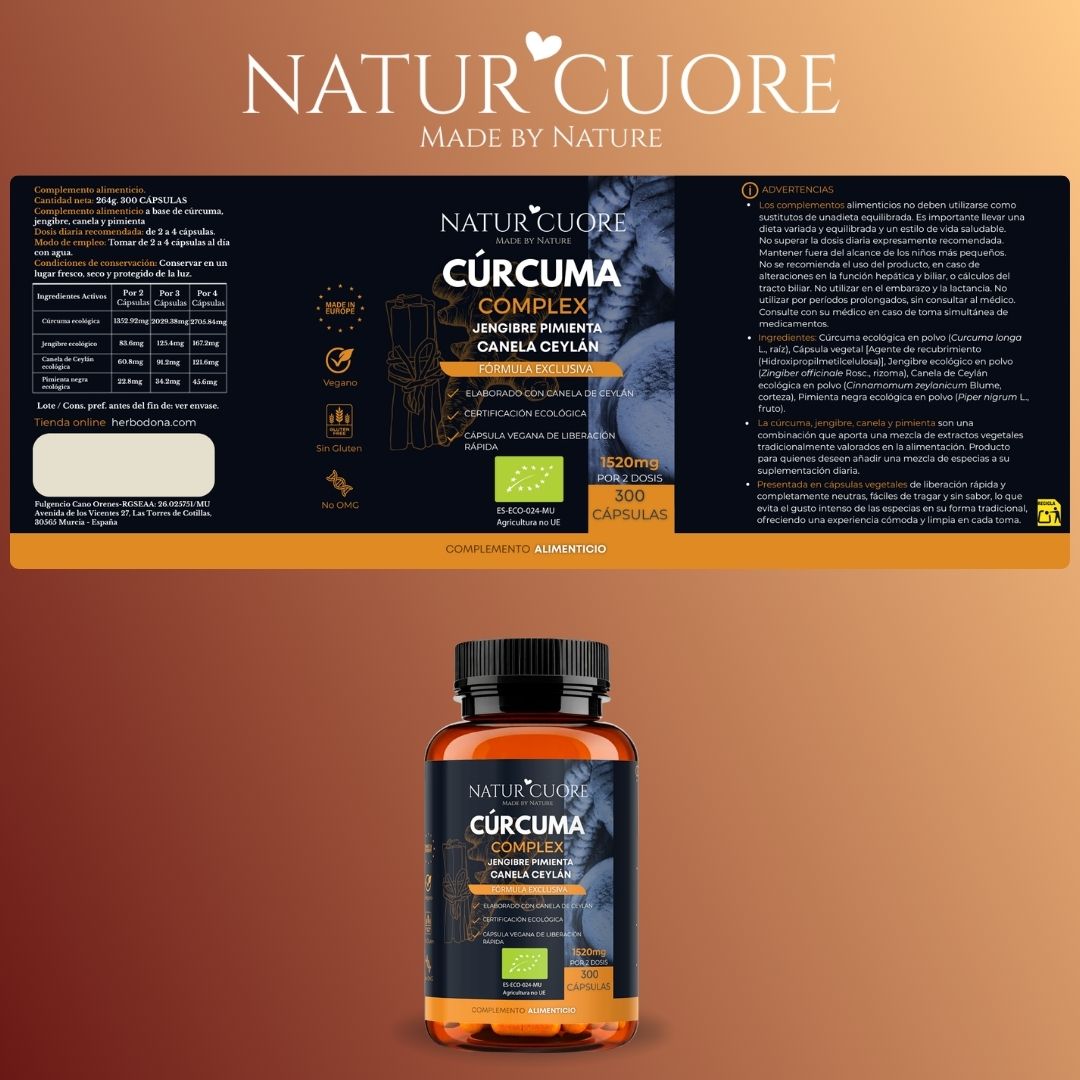 Cúrcuma orgánica complex con jengibre, pimienta negra y canela Ceylán Naturcuore