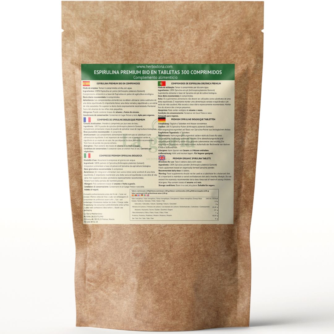 Etiqueta de la espirulina ecológica en comprimidos La Gloria Mediterránea: ingredientes, modo de empleo, valores nutricionales y operador