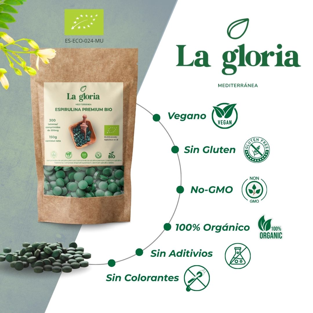 Espirulina ecológica en comprimidos: vegana, sin gluten, sin aditivos y sin colorantes