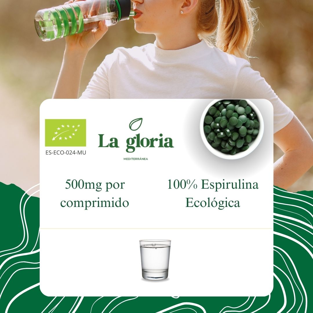 Espirulina ecológica La Gloria Mediterránea: 500 mg por comprimido, 100 % espirulina, tomar con agua