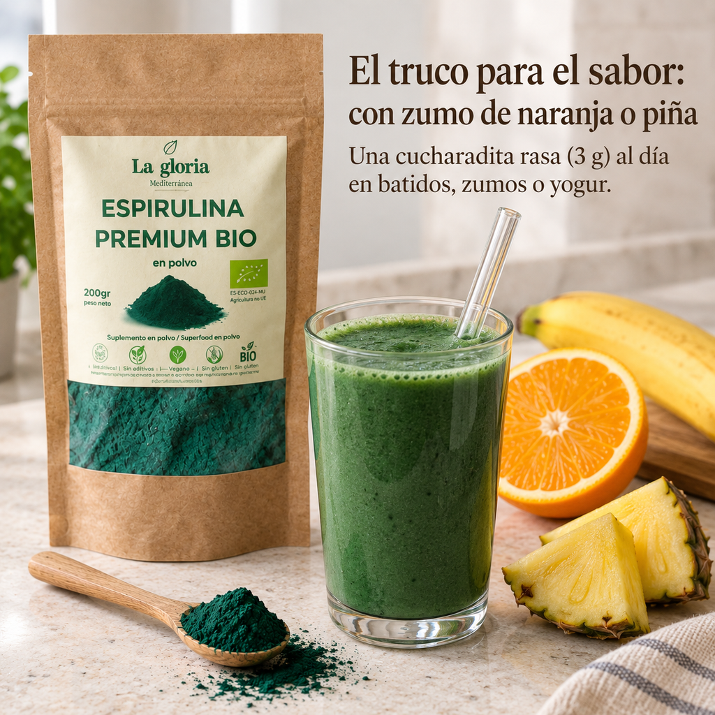Cómo tomar espirulina en polvo: batido verde con zumo de naranja o piña