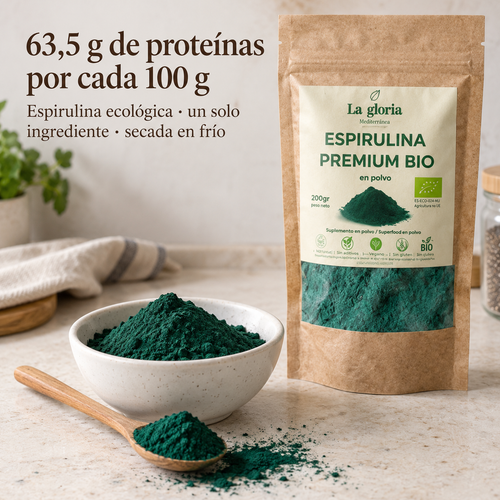Espirulina ecológica en polvo, 63,5 g de proteínas por 100 g, secada en frío – La Gloria Mediterránea