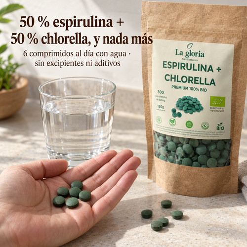 Espirulina y chlorella ecológicas en comprimidos, 50/50 sin excipientes, 6 al día – La Gloria Mediterránea