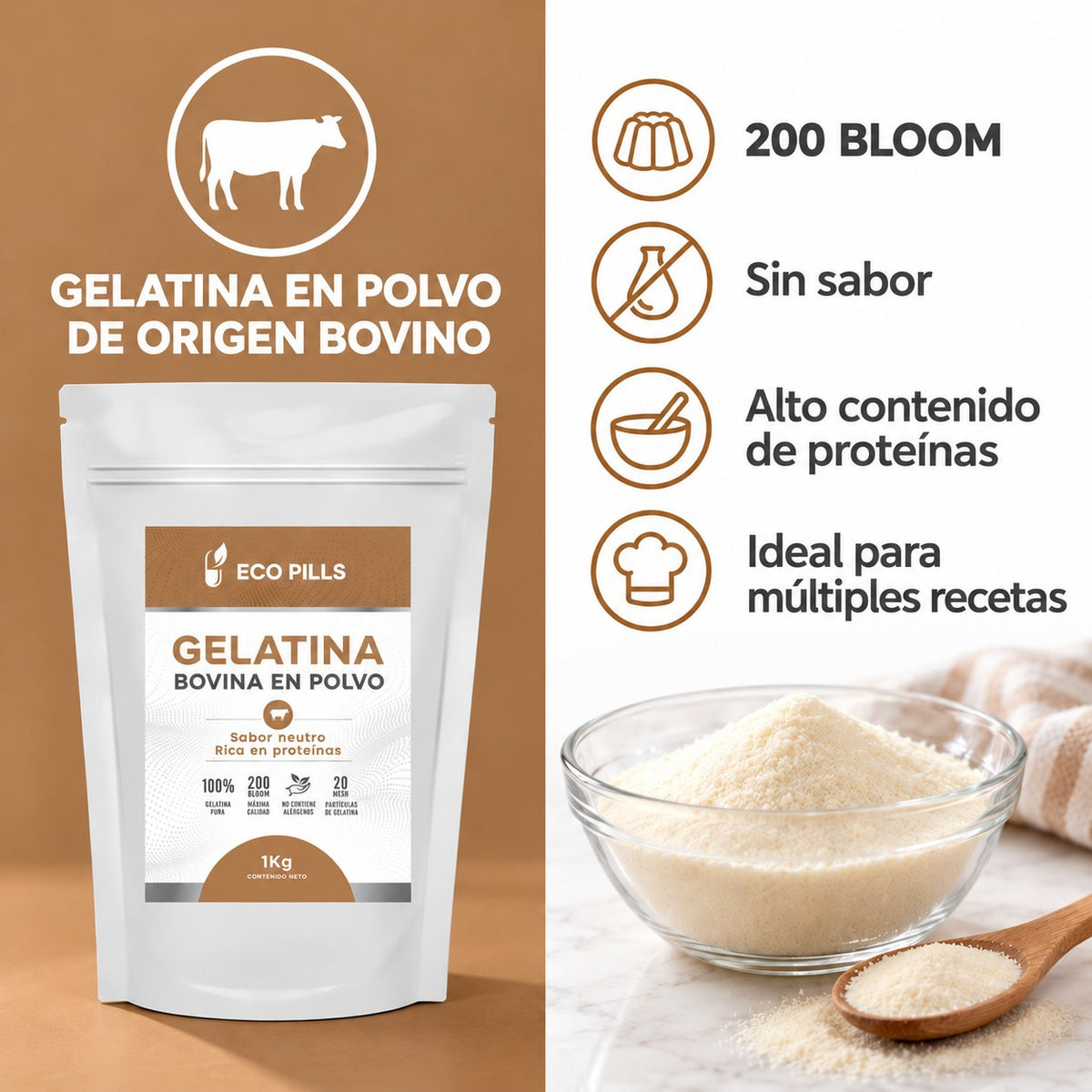 Infografía Eco Pills Gelatina Bovina en Polvo 200 Bloom 1 kg, sin sabor, con bol de gelatina en polvo