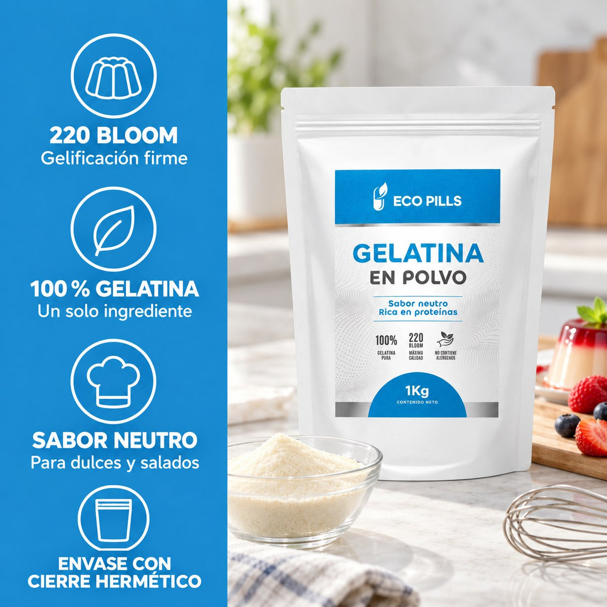 Infografía Eco Pills Gelatina en Polvo 220 Bloom 1 kg: 100 % gelatina, sabor neutro y envase con cierre hermético
