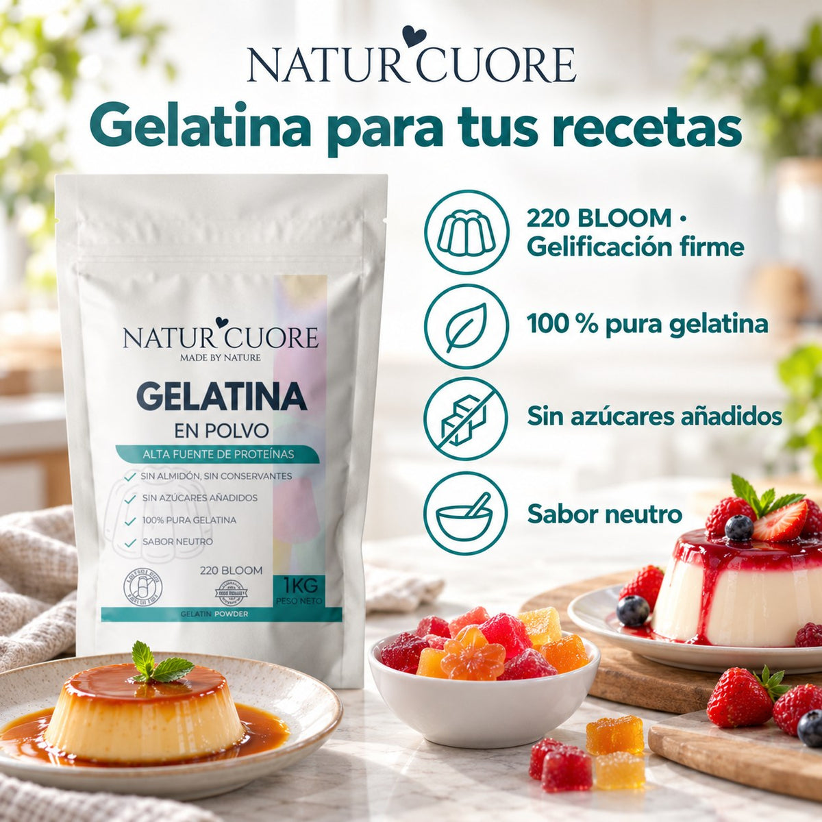 Naturcuore Gelatina en Polvo 220 Bloom 1 kg en una cocina con flan, gominolas y panna cotta