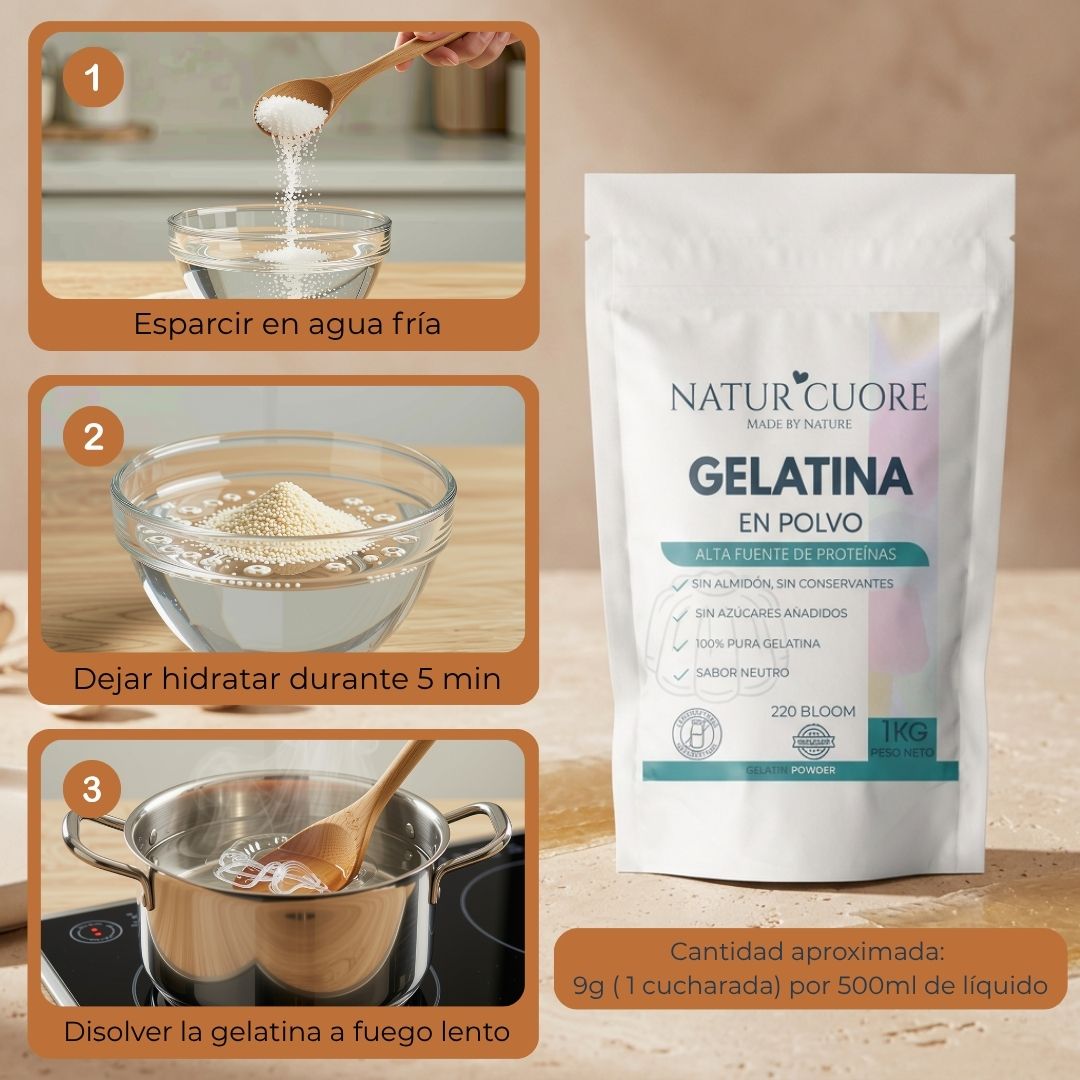 Modo de empleo de la Gelatina en Polvo NaturCuore en 3 pasos