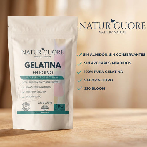 Beneficios de la Gelatina en Polvo NaturCuore: sin almidón, sin azúcares añadidos, 100% pura, sabor neutro, 220 Bloom